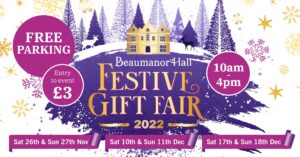 Gold writing on a blue snow scene background with Beaumanor Hall in gold. Promoting the Festive Gift Fair 2022. Free Parking. Event entry £3. 10am - 4pm Saturday 26 a Sun 27 Nov Sat 10 and Sun 11 Dec and Sat 17 and Sun 18 Dec